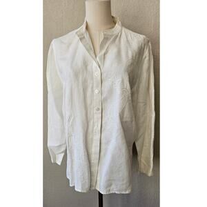 Lizwear by Liz Claiborne Embroidered Linen Button Down Top Women Size‎ L White